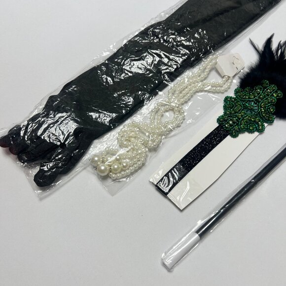 1920s Flapper Accessories Black Green Gatsby Costume Accessories Set #2529 - Picture 3 of 5